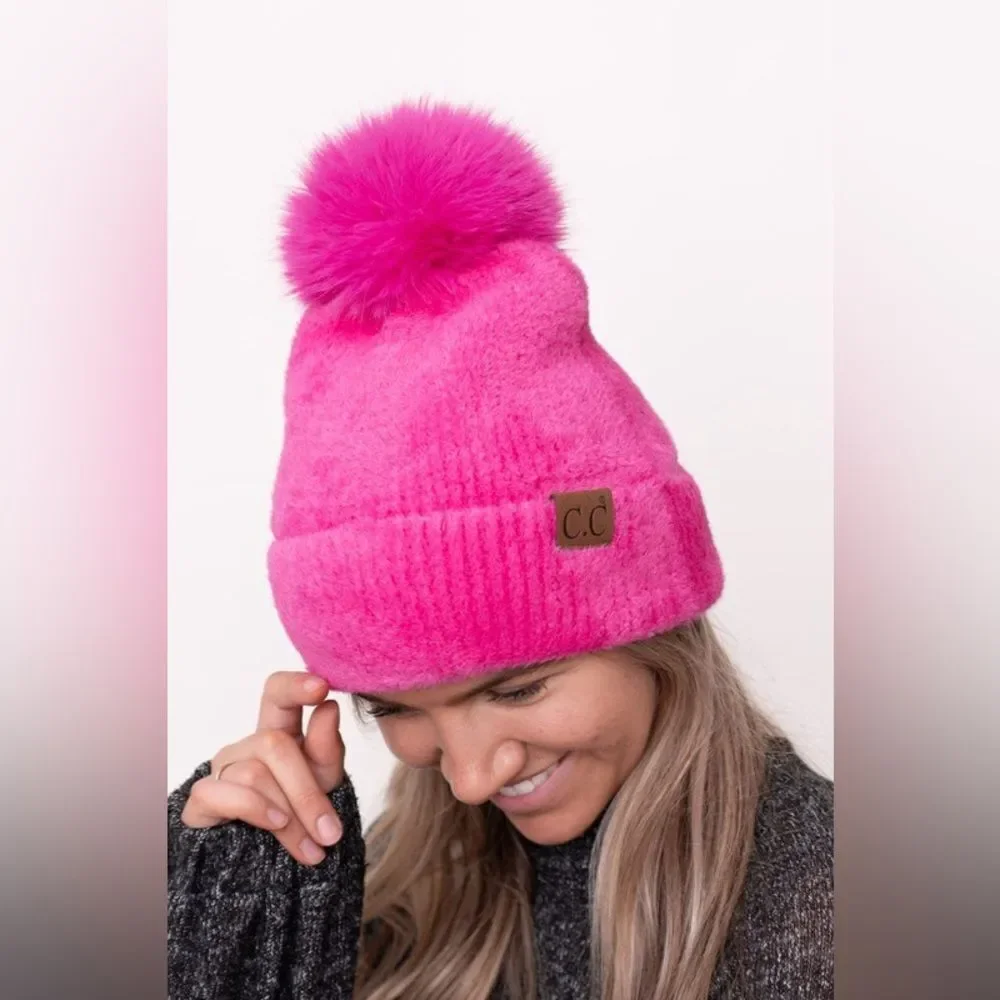 CC Pink Fuzzy Beanie with Pom Pom
